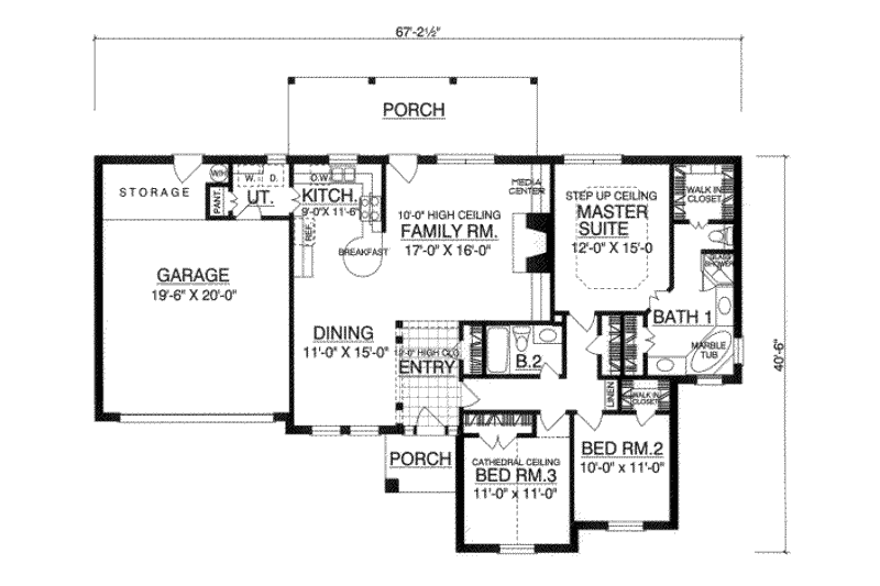 House Blueprint - Floor Plan - Main Floor for European House Plan #40-228 - 3 bed, 2 bath
