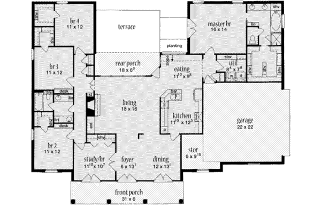 European Style House Plan 4 Beds 2 Baths 28 Sq Ft Plan 36 438 Builderhouseplans Com