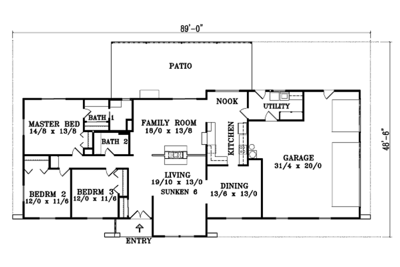 Architectural House Design - Floor Plan - Main Floor for Colonial House Plan #1-1371 - 3 bed, 2 bath