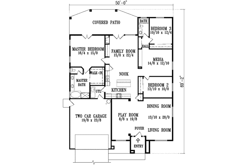 Architectural House Design - Floor Plan - Main Floor for Adobe / Southwestern House Plan #1-1170 - 3 bed, 2 bath