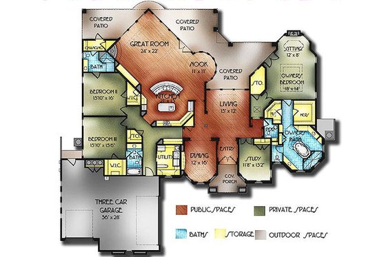 Floor Plan - Main Floor for Mediterranean House Plan #24-288 - 4 bed, 3.5 bath