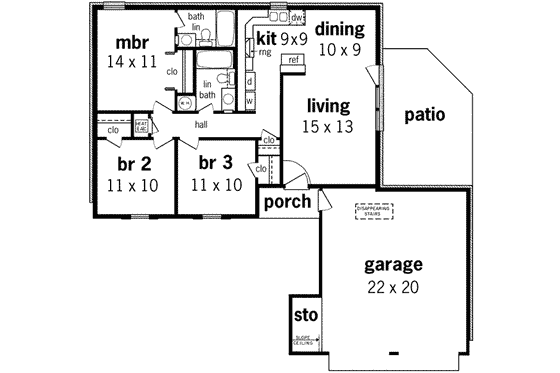 Floor Plan - Main Floor for Ranch House Plan #45-222 - 3 bed, 2 bath