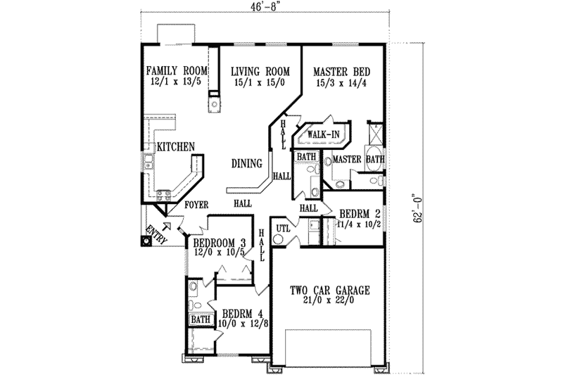 Architectural House Design - Floor Plan - Main Floor for Traditional House Plan #1-893 - 4 bed, 3 bath