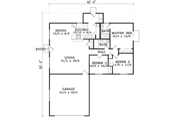 Floor Plan - Main Floor for Ranch House Plan #1-1202 - 3 bed, 2 bath