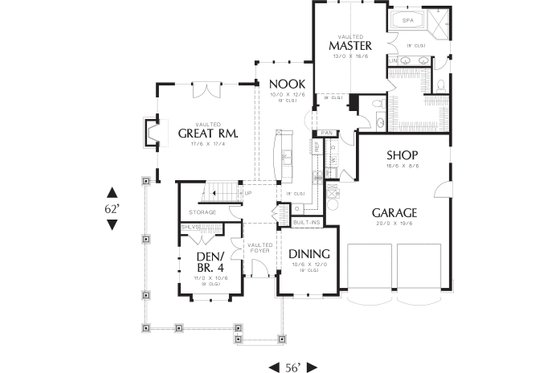 Craftsman style, Country house plan, main level floor plan