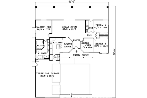 Floor Plan - Main Floor for Adobe / Southwestern House Plan #1-1383 - 3 bed, 2 bath