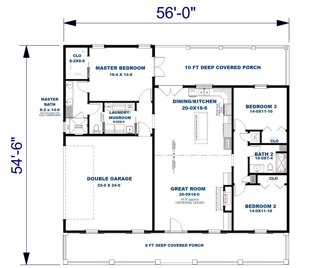 Floor plan of a house with porches, a two-car garage, and three bedrooms