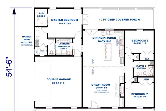 Floor Plan - Main Floor for Farmhouse House Plan #44-306 - 3 bed, 2 bath