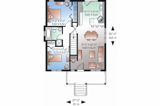 Floor Plan - Main Floor for Ranch House Plan #23-2200 - 2 bed, 1 bath
