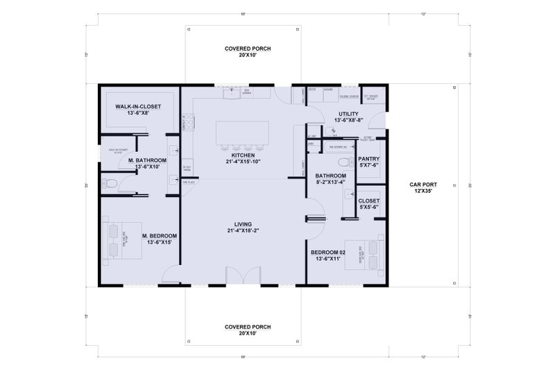 Dream House Plan - Floor Plan - Main Floor for Barndominium House Plan #1107-16 - 2 bed, 2 bath