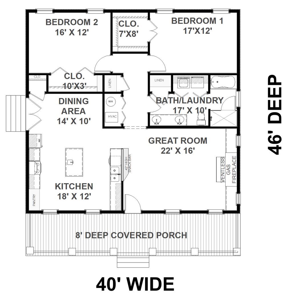 Floor Plan - Main Floor for Farmhouse House Plan #44-233 - 2 bed, 1 bath