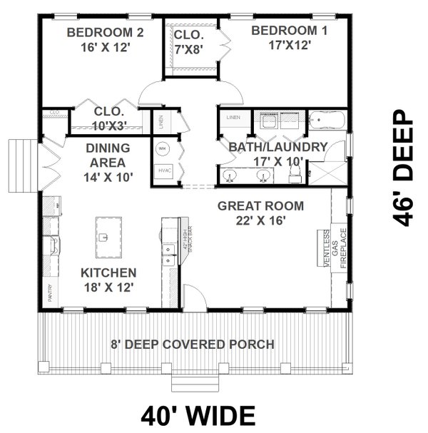 Home Plan - Floor Plan - Main Floor for Farmhouse House Plan #44-233 - 2 bed, 1 bath