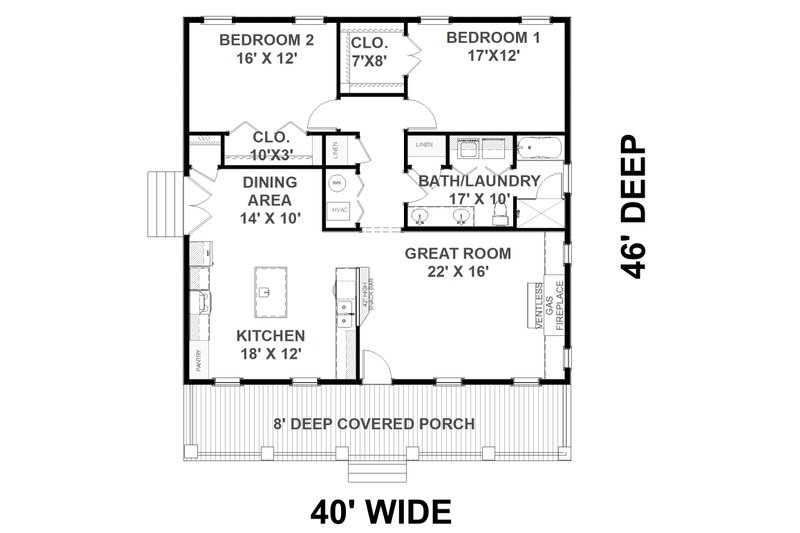 Home Plan - Floor Plan - Main Floor for Farmhouse House Plan #44-233 - 2 bed, 1 bath
