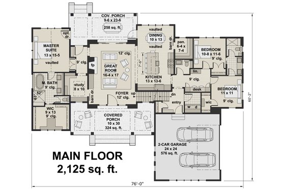 Floor Plan - Main Floor for Farmhouse House Plan #51-1134 - 3 bed, 2.5 bath