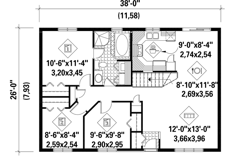 House Blueprint - Floor Plan - Main Floor for Country House Plan #25-4802 - 3 bed, 1 bath