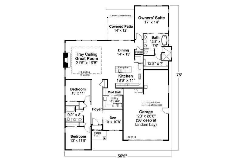 House Blueprint - Floor Plan - Main Floor for Prairie House Plan #124-1195 - 3 bed, 2 bath