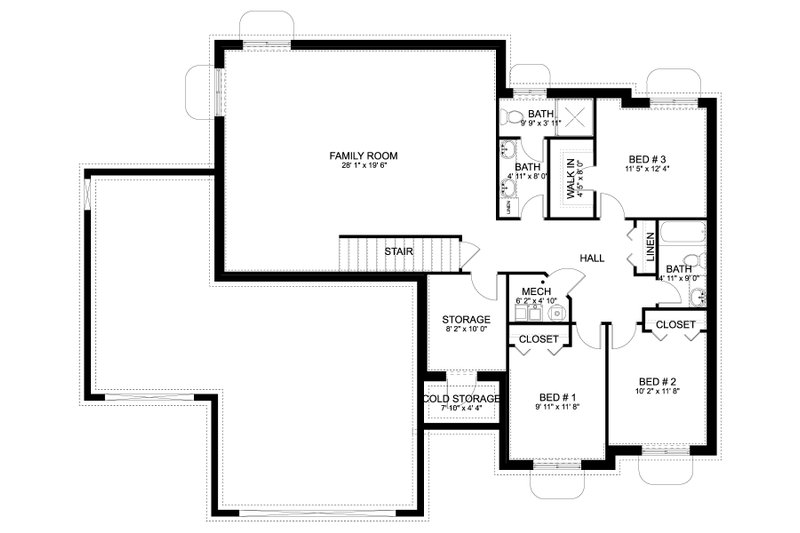House Design - Floor Plan - Lower Floor for Traditional House Plan #1060-221 - 3 bed, 2 bath