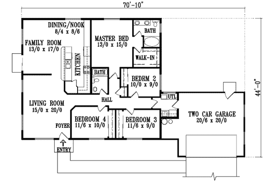 Floor Plan - Main Floor for Ranch House Plan #1-637 - 4 bed, 2 bath