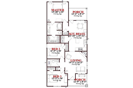 Floor Plan - Main Floor for Bungalow House Plan #63-188 - 3 bed, 2 bath