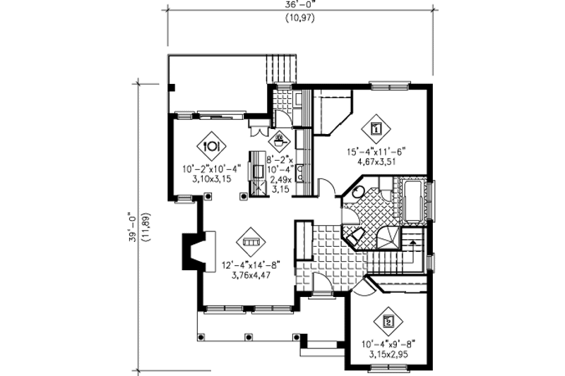 House Blueprint - Floor Plan - Main Floor for European House Plan #25-4226 - 2 bed, 1 bath