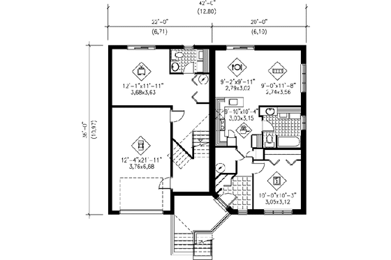 Floor Plan - Lower Floor for European House Plan #25-386 - 3 bed, 1.5 bath