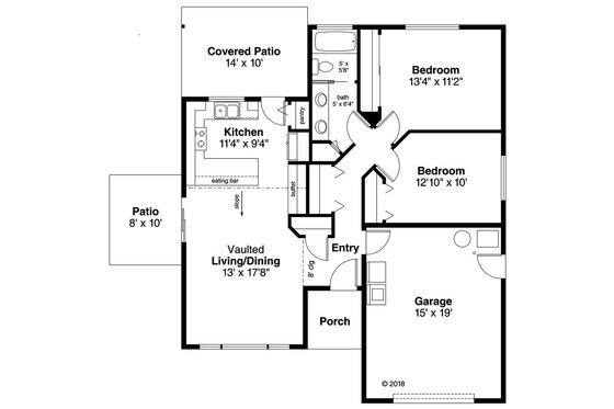 Floor Plan - Main Floor for Ranch House Plan #124-1140 - 2 bed, 1 bath