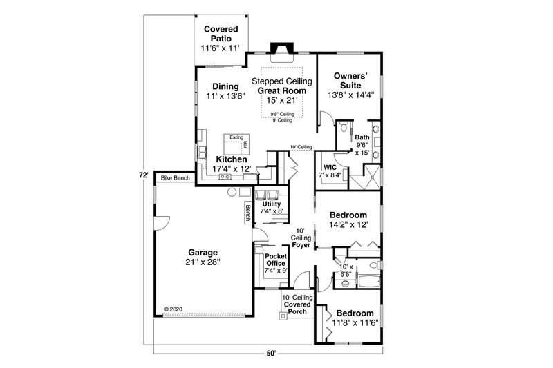House Blueprint - Floor Plan - Main Floor for Prairie House Plan #124-1192 - 3 bed, 2 bath