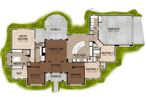 Floor Plan - Main Floor for Mediterranean House Plan #80-163 - 3 bed, 3 bath