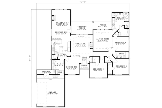 Floor Plan - Main Floor for Southern House Plan #17-544 - 4 bed, 2 bath