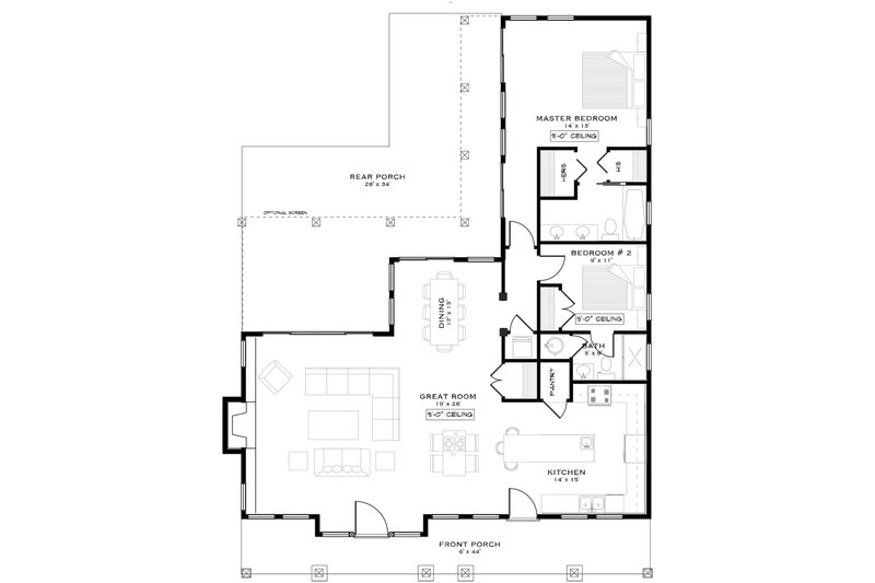 House Blueprint - Floor Plan - Main Floor for Bungalow House Plan #1101-61 - 2 bed, 2 bath