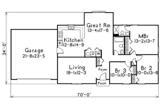 Floor Plan - Main Floor for Ranch House Plan #57-523 - 3 bed, 2 bath