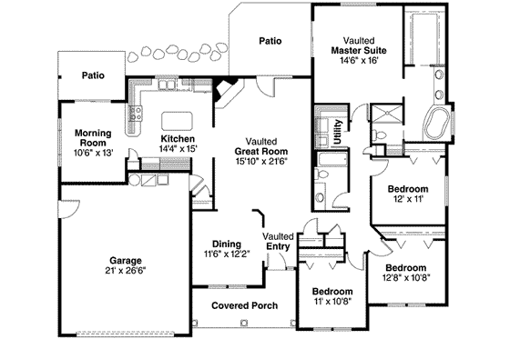Floor Plan - Main Floor for Ranch House Plan #124-489 - 4 bed, 2 bath