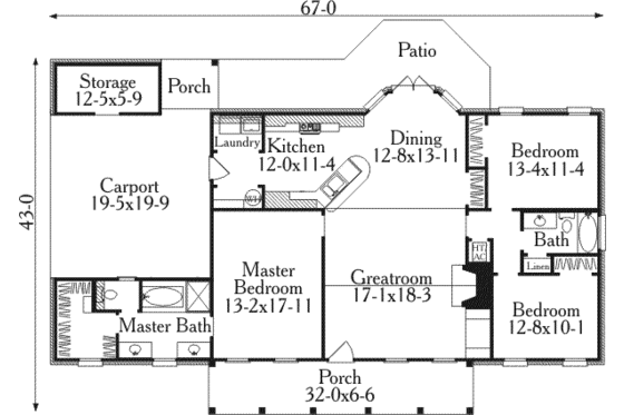 Floor Plan - Main Floor for Ranch House Plan #406-232 - 3 bed, 2 bath