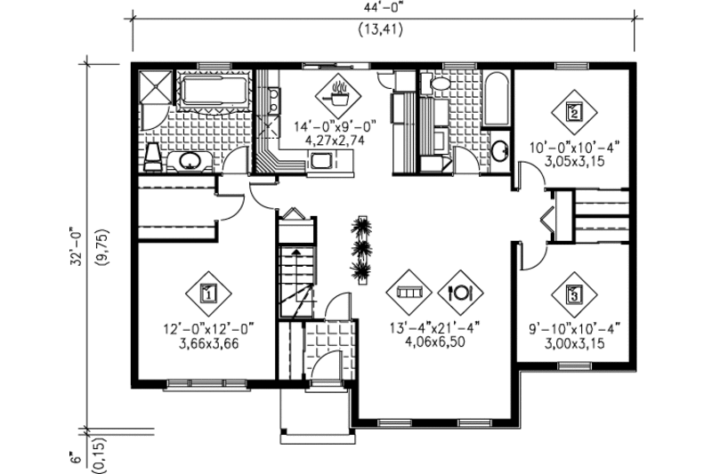 Architectural House Design - Floor Plan - Main Floor for Ranch House Plan #25-132 - 3 bed, 2 bath