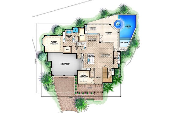 Colonial style, Southern design house plan, main level floorplan