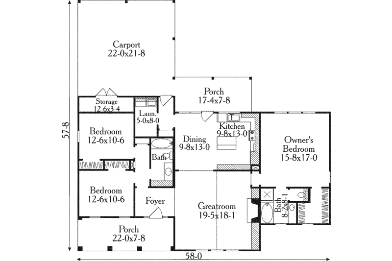 Dream House Plan - Floor Plan - Main Floor for Country House Plan #406-248 - 3 bed, 2 bath