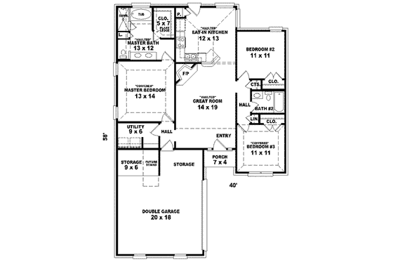 Floor Plan - Main Floor for Southern House Plan #81-702 - 3 bed, 2 bath