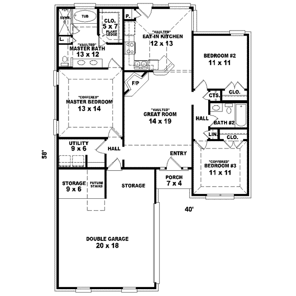 Floor Plan - Main Floor for Southern House Plan #81-702 - 3 bed, 2 bath