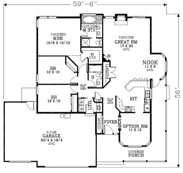 Floor Plan - Main Floor for Craftsman House Plan #53-522 - 3 bed, 2 bath