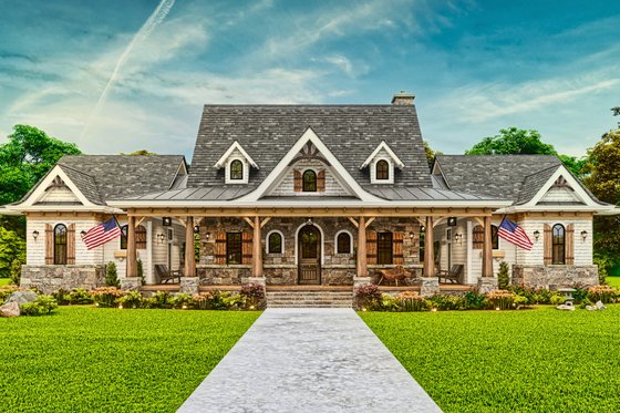 Exterior - Front Elevation 7 for Ranch House Plan #54-589 - 2 bed, 2.5 bath