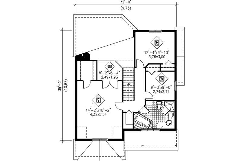 House Blueprint - Floor Plan - Upper Floor for European House Plan #25-233 - 3 bed, 1.5 bath