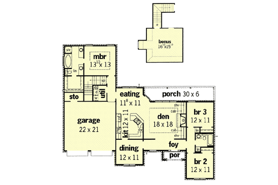 Floor Plan - Main Floor for European House Plan #16-132 - 3 bed, 2 bath