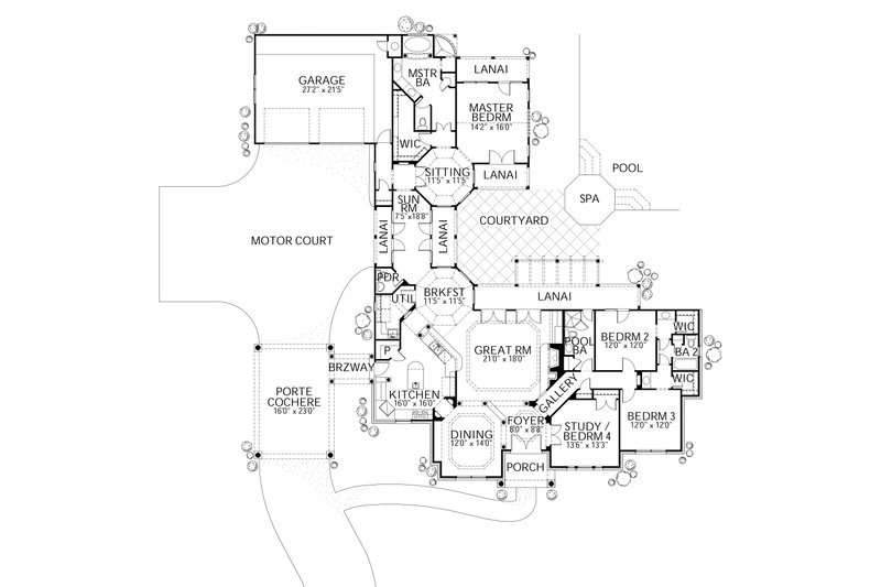 Architectural House Design - Floor Plan - Main Floor for Mediterranean House Plan #80-175 - 4 bed, 3.5 bath