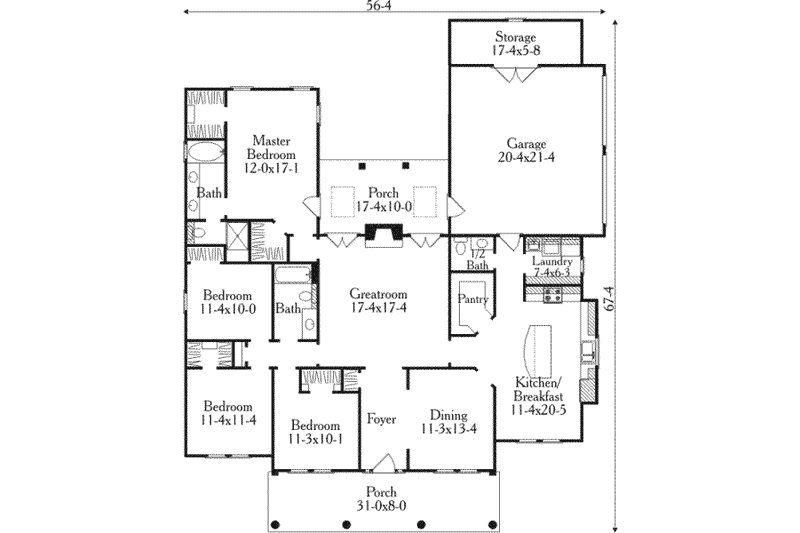 House Plan Design - Floor Plan - Main Floor for Southern House Plan #406-284 - 4 bed, 2.5 bath
