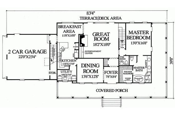 Southern style house plan, main level floorplan