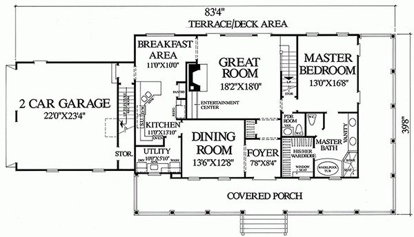 Southern style house plan, main level floorplan