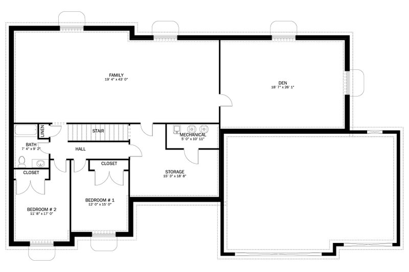 House Blueprint - Floor Plan - Lower Floor for Ranch House Plan #1060-300 - 3 bed, 2 bath