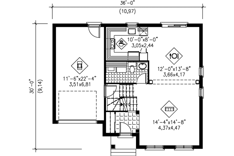 House Blueprint - Floor Plan - Main Floor for European House Plan #25-296 - 3 bed, 1.5 bath