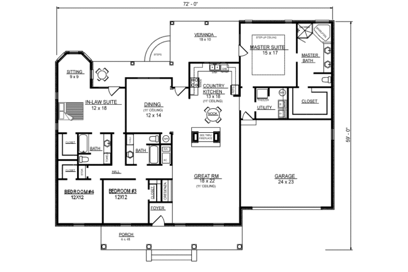 European Style House Plan - 4 Beds 3 Baths 2537 Sq/Ft Plan #14-246 ...