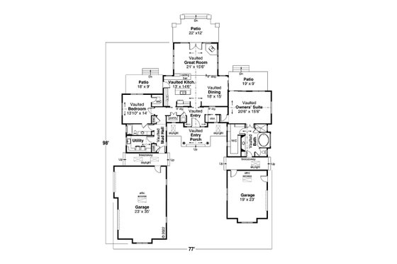 Floor Plan - Main Floor for Ranch House Plan #124-1301 - 2 bed, 2 bath